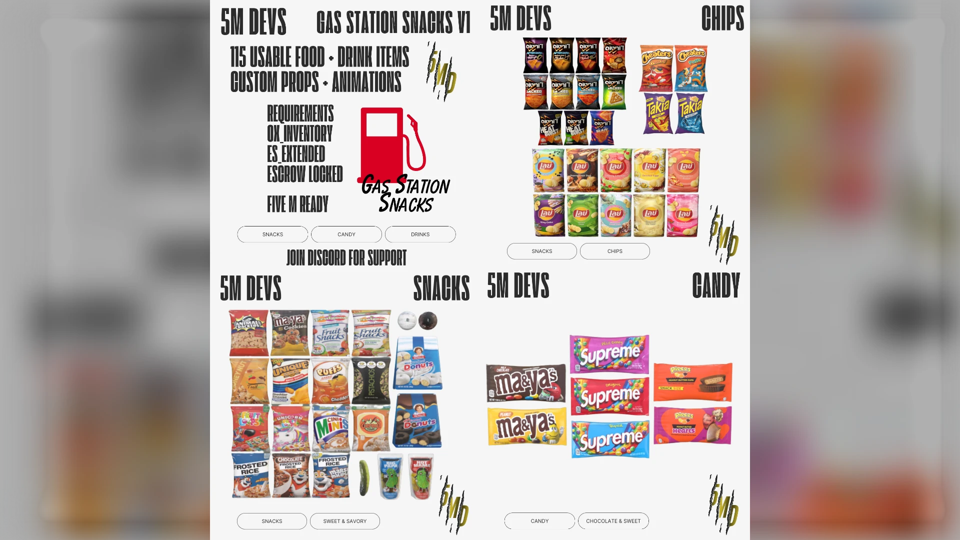 Gas station food and drinks pack for FiveM ESX — 115 usable snacks, candy, chips and drink items