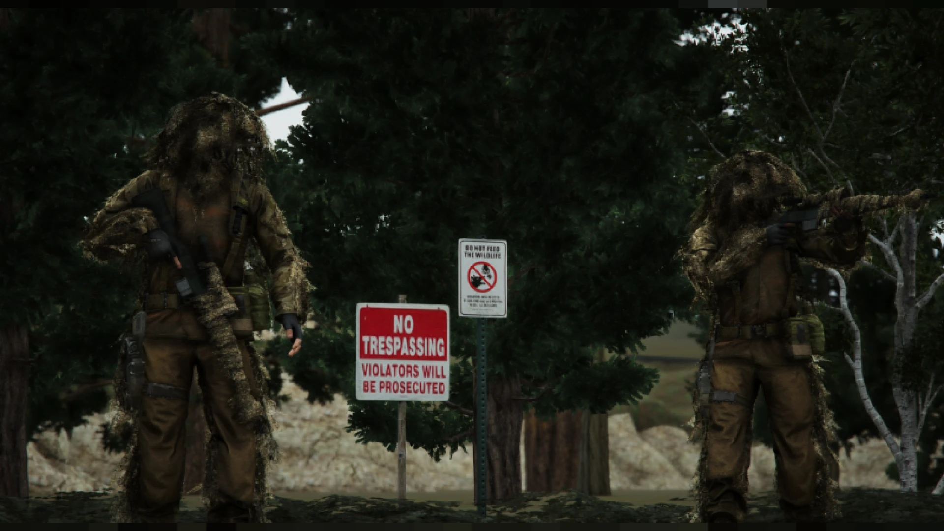 Ghillie suit EUP outfit worn by a character crouching in FiveM