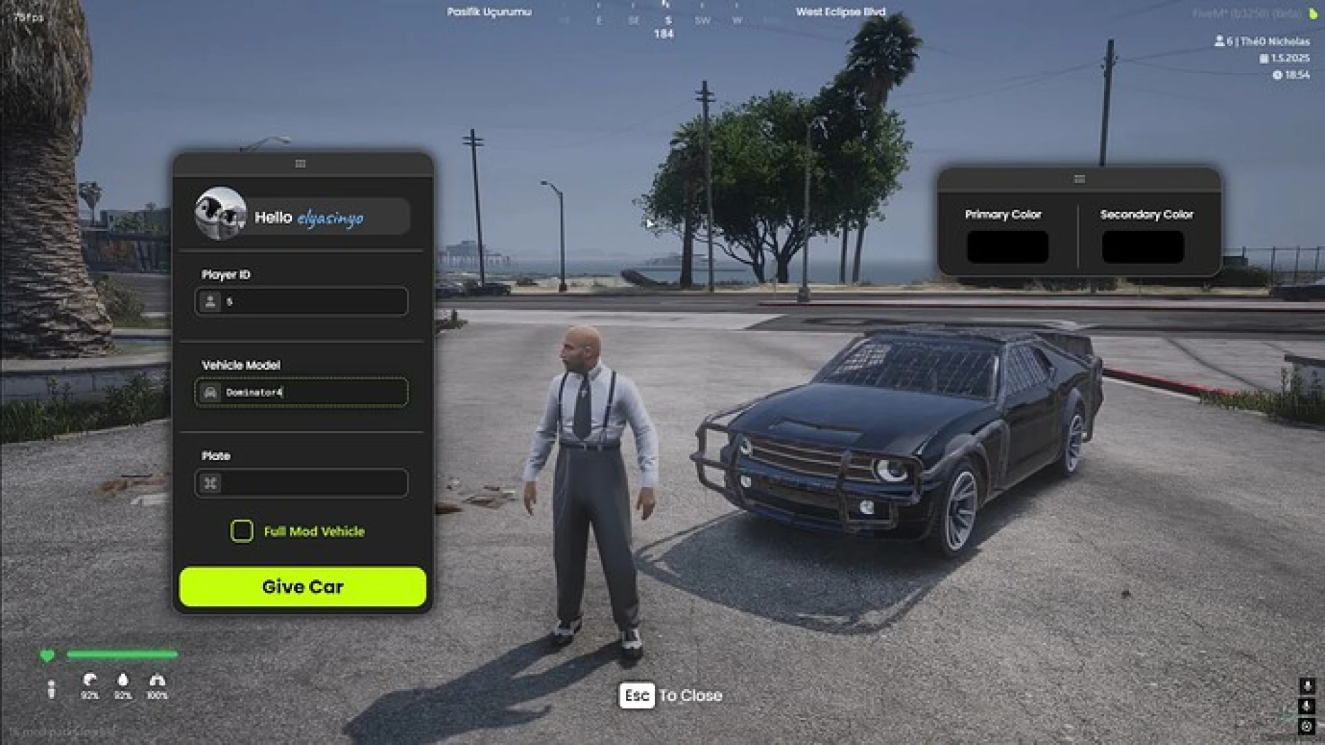 Give Car FiveM admin tool — granting a vehicle to a player