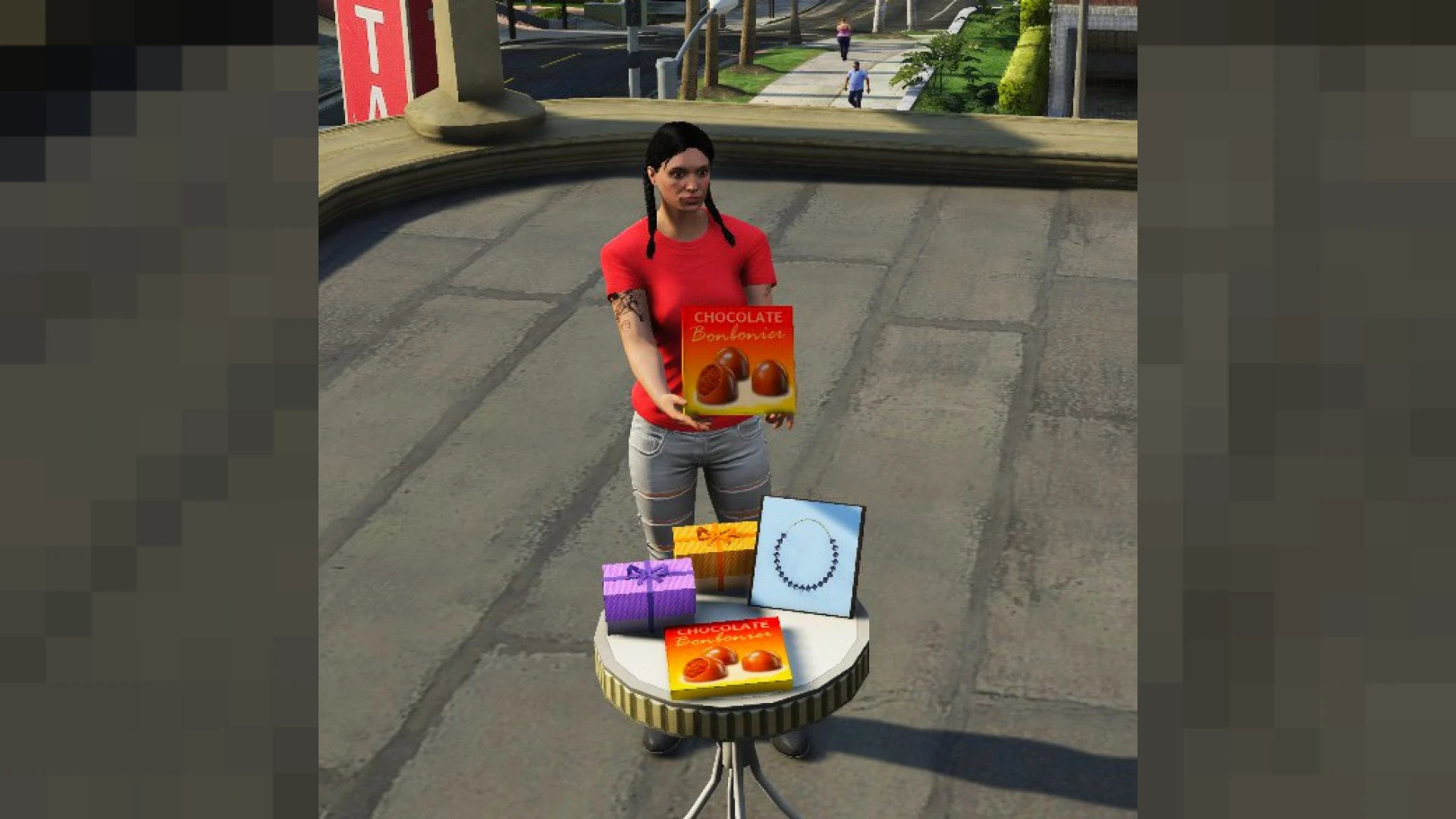 Character performing a give gift emote handing over a present in FiveM