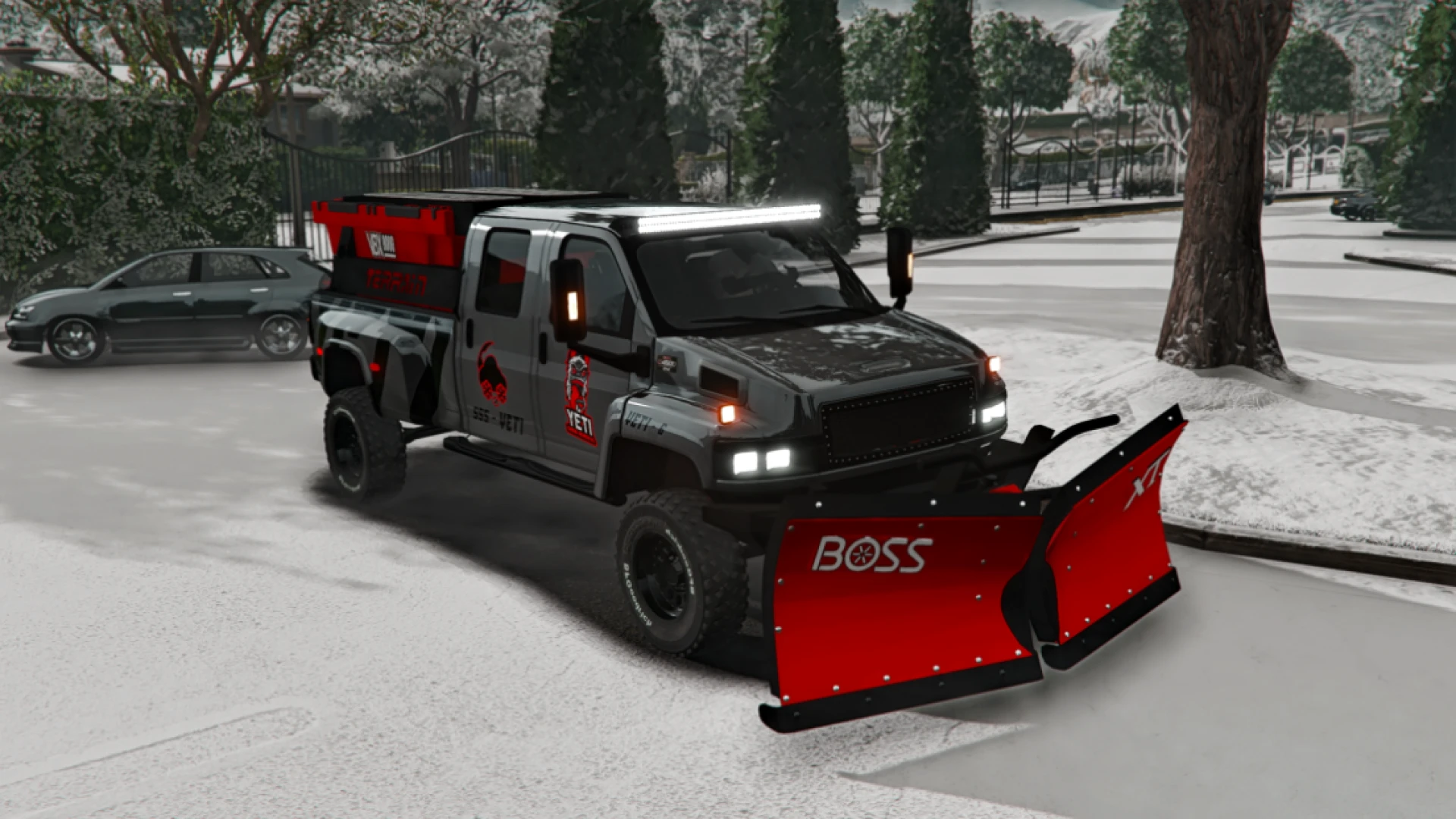 GMC C4500 snow plow truck clearing a snowy Los Santos street