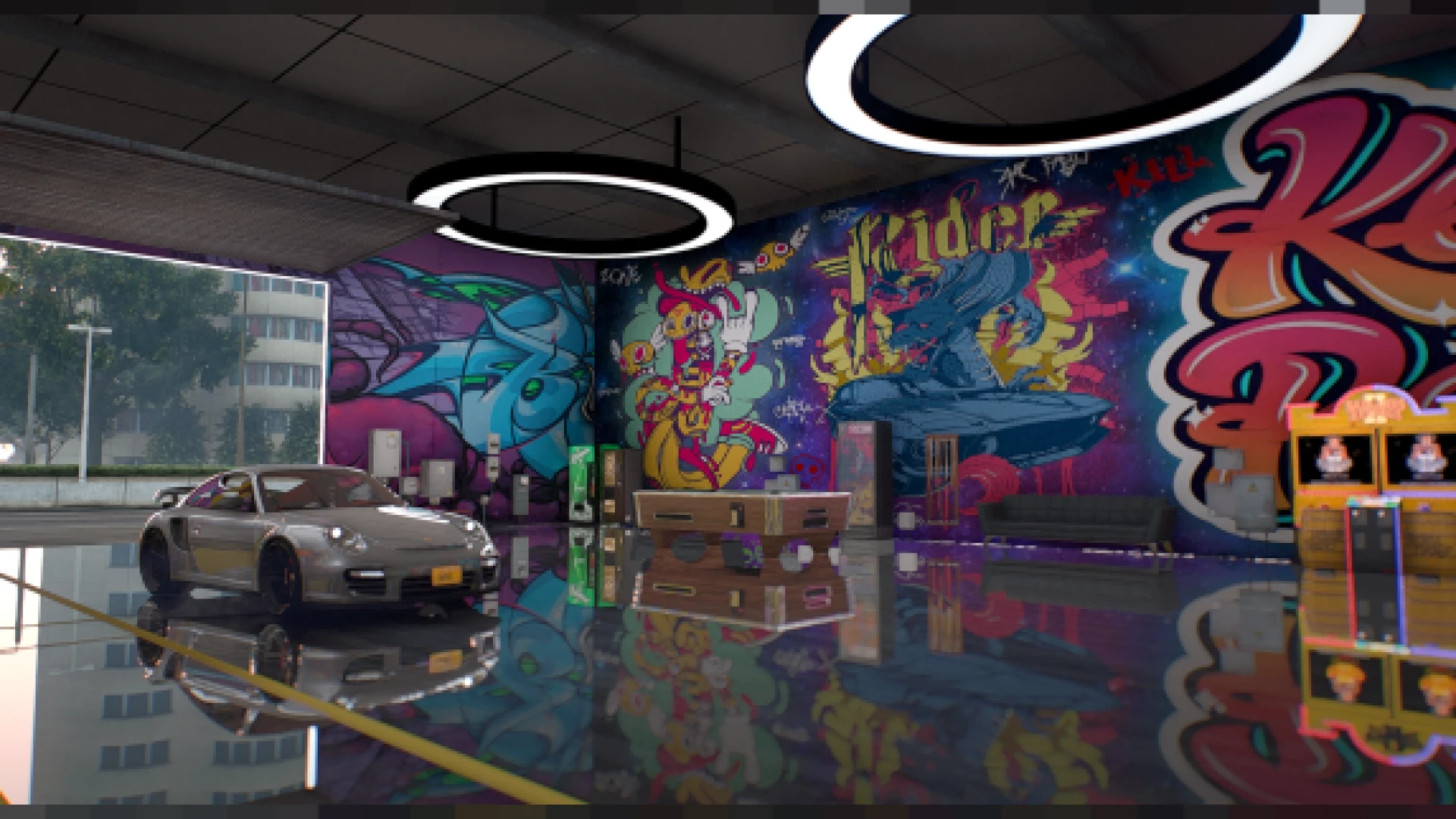 GND mechanic garage interior with vehicle lifts and tool walls