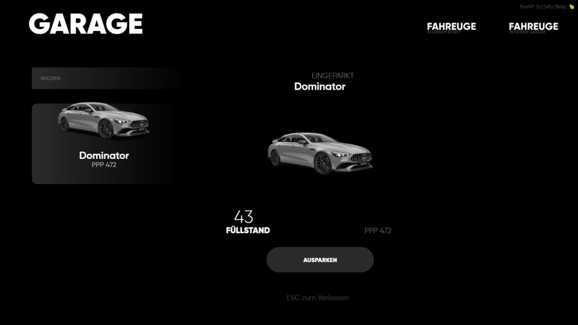 ESX garage script menu showing stored vehicles with fuel and condition status