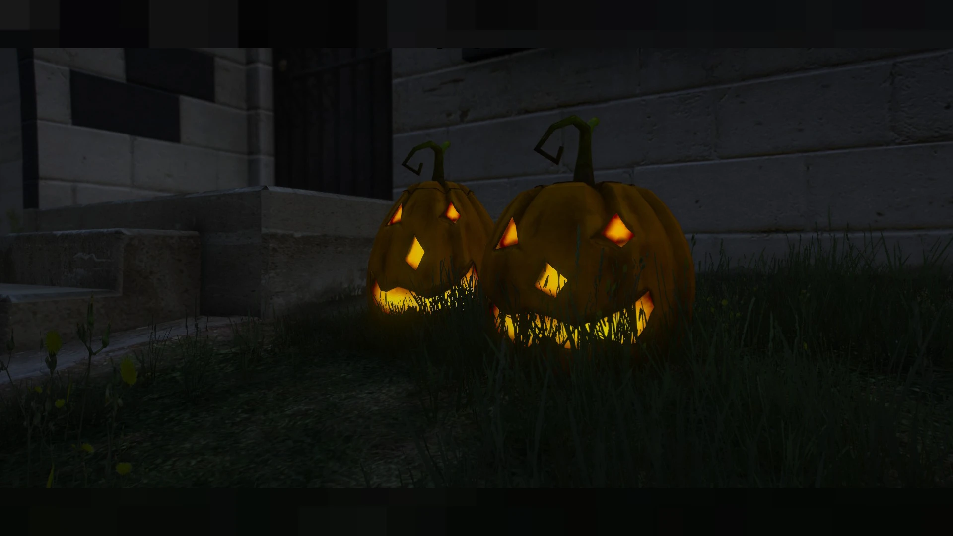 Halloween props pack with carved pumpkins, tombstones, and cobwebs