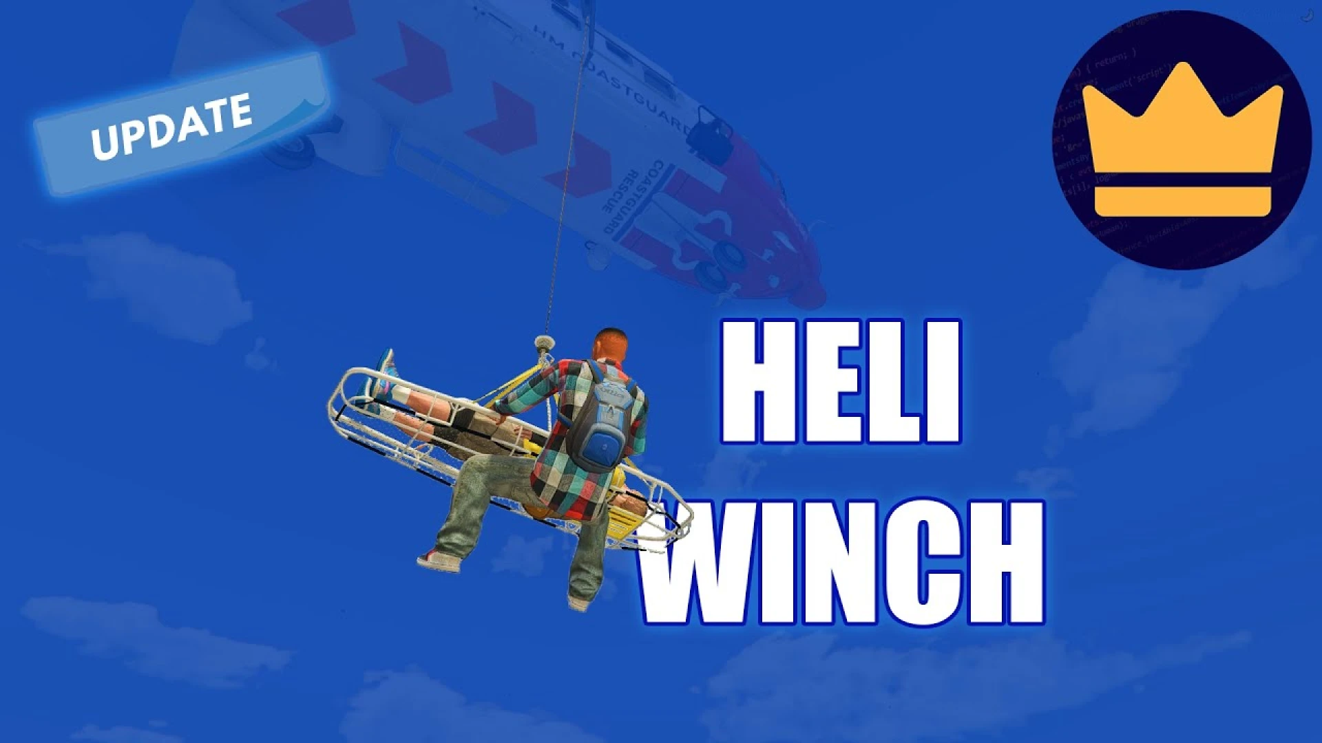 Heli Winch FiveM script — helicopter winch lifting a person on the rescue line