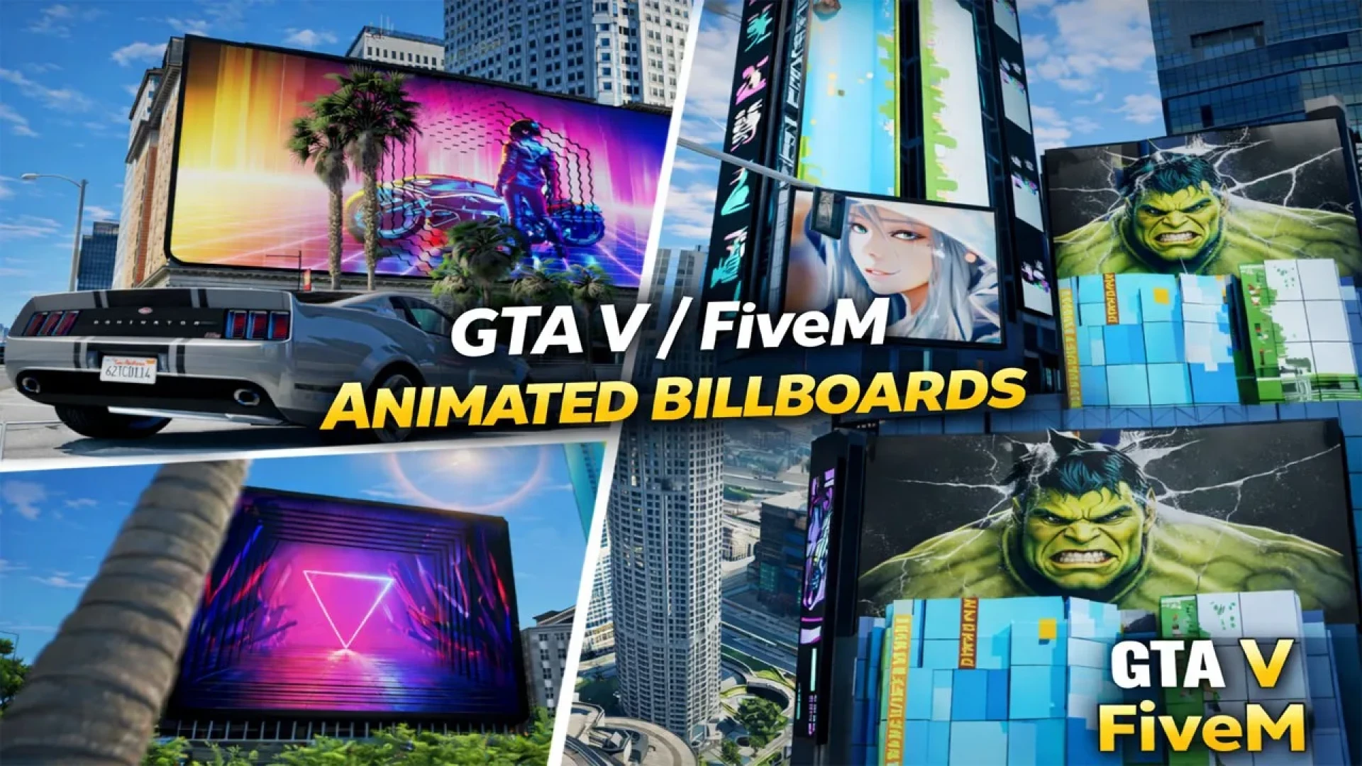 Animated billboard glowing over a FiveM downtown street