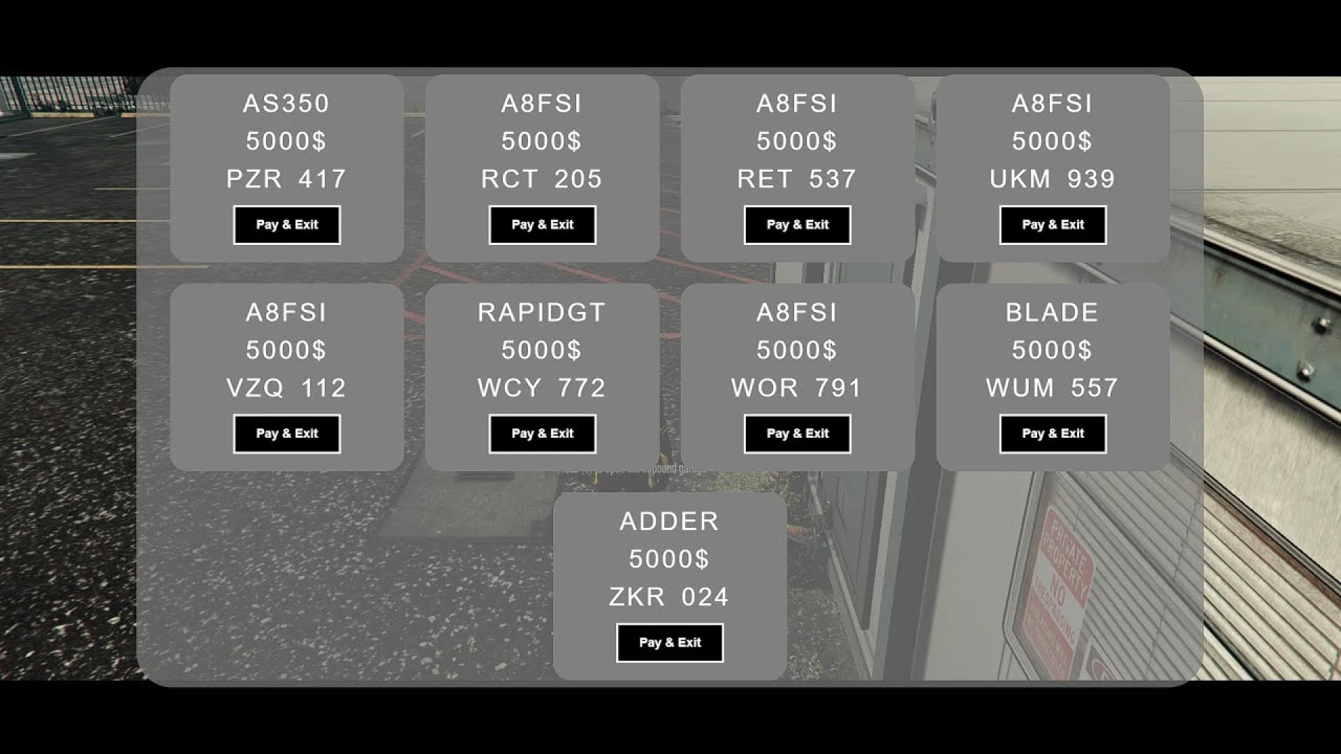 Impound Garages impound garage script interface preview in FiveM