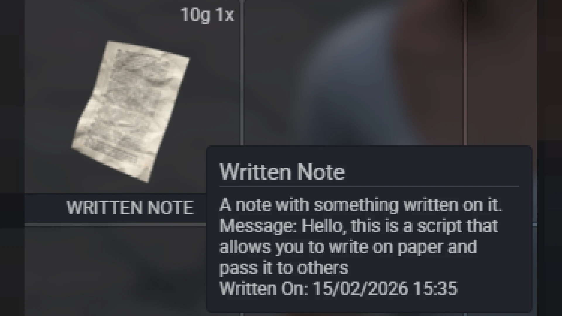 Inventory notes creator showing a written note item in ox_inventory