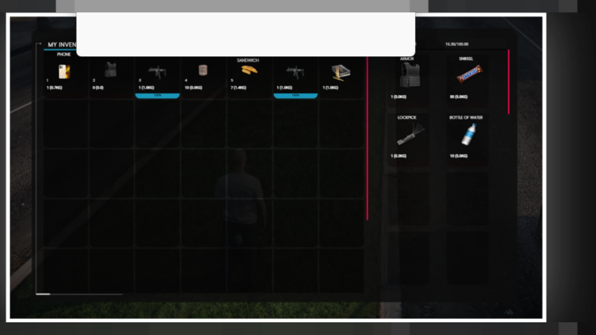 Inventory system drag-and-drop grid open in a FiveM roleplay server
