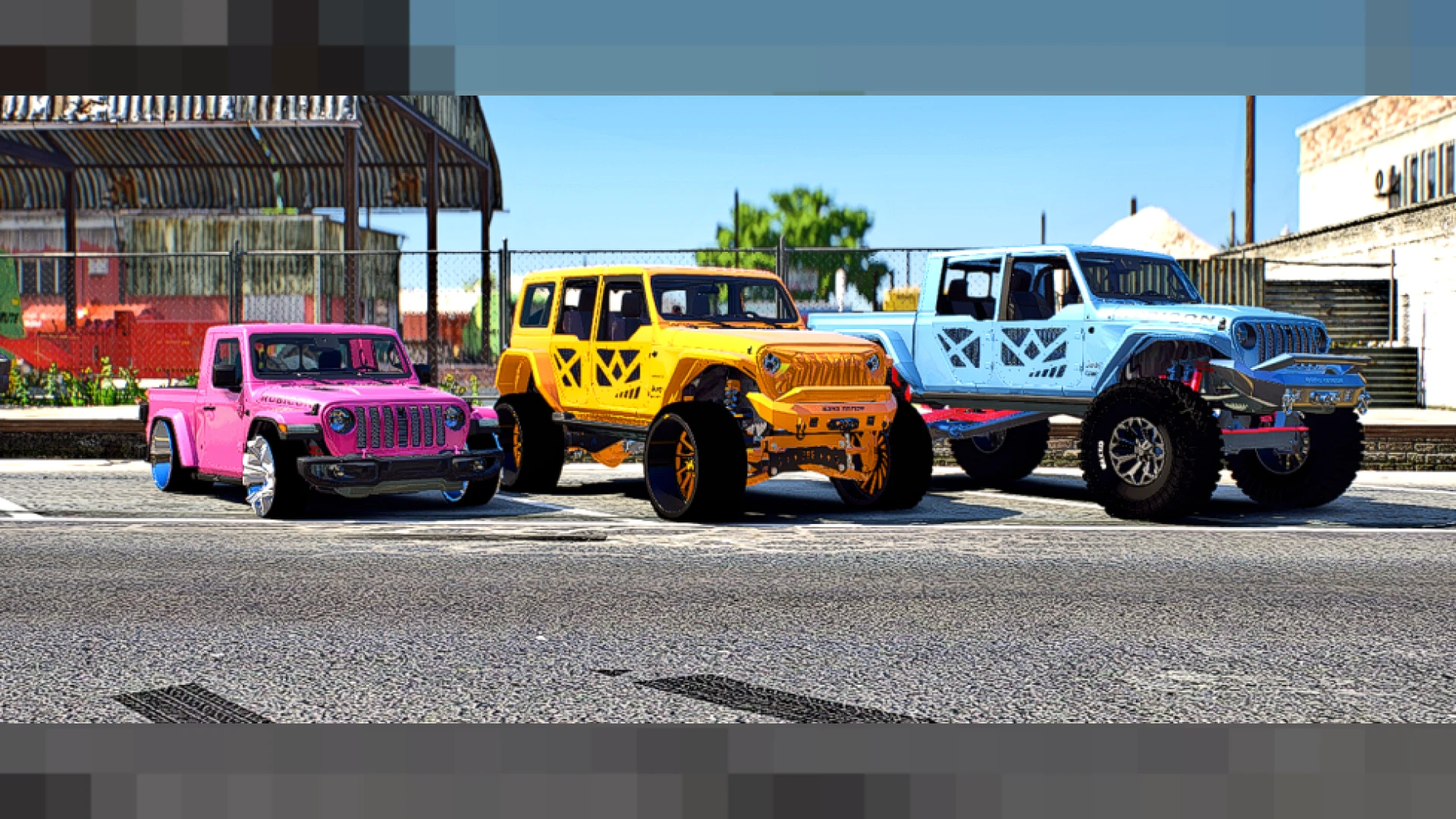 Jeep vehicle pack of three SUV models staged on a FiveM off-road trail