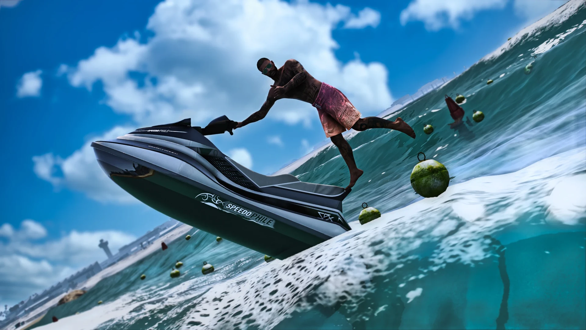Jetski animations showing a rider leaning on the water