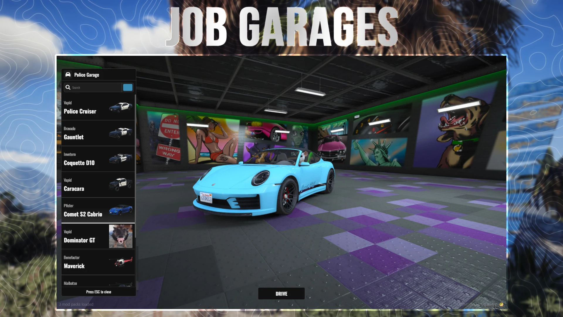 Job garage system spawn menu showing work vehicles in FiveM