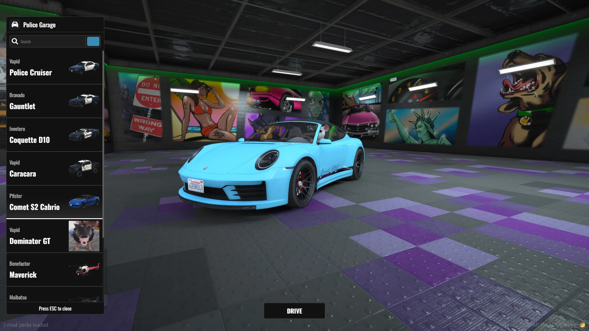 Job garage system spawn menu showing work vehicles in FiveM — view 2