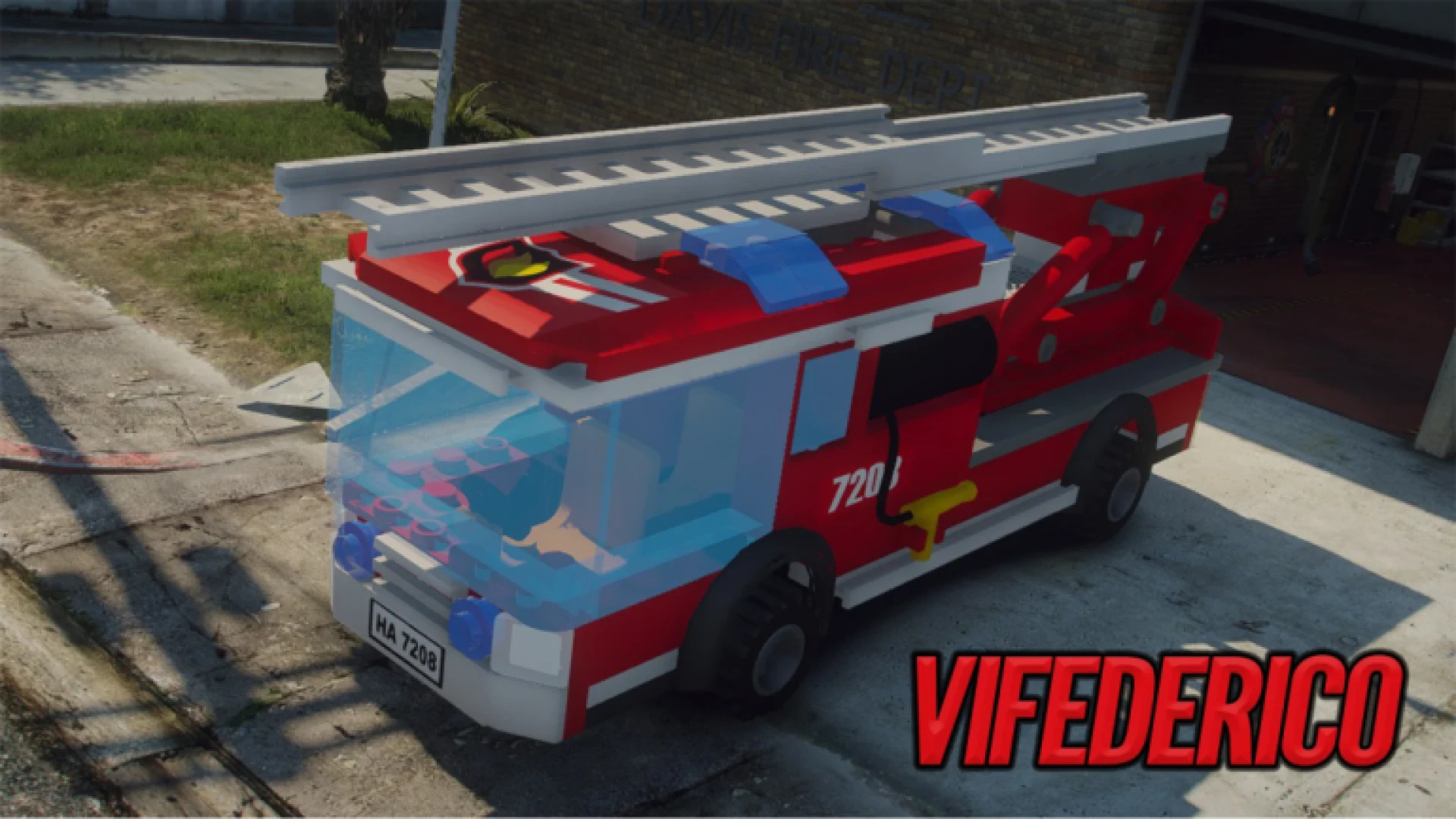 Lego City Firetruck ladder engine parked at a FiveM fire station