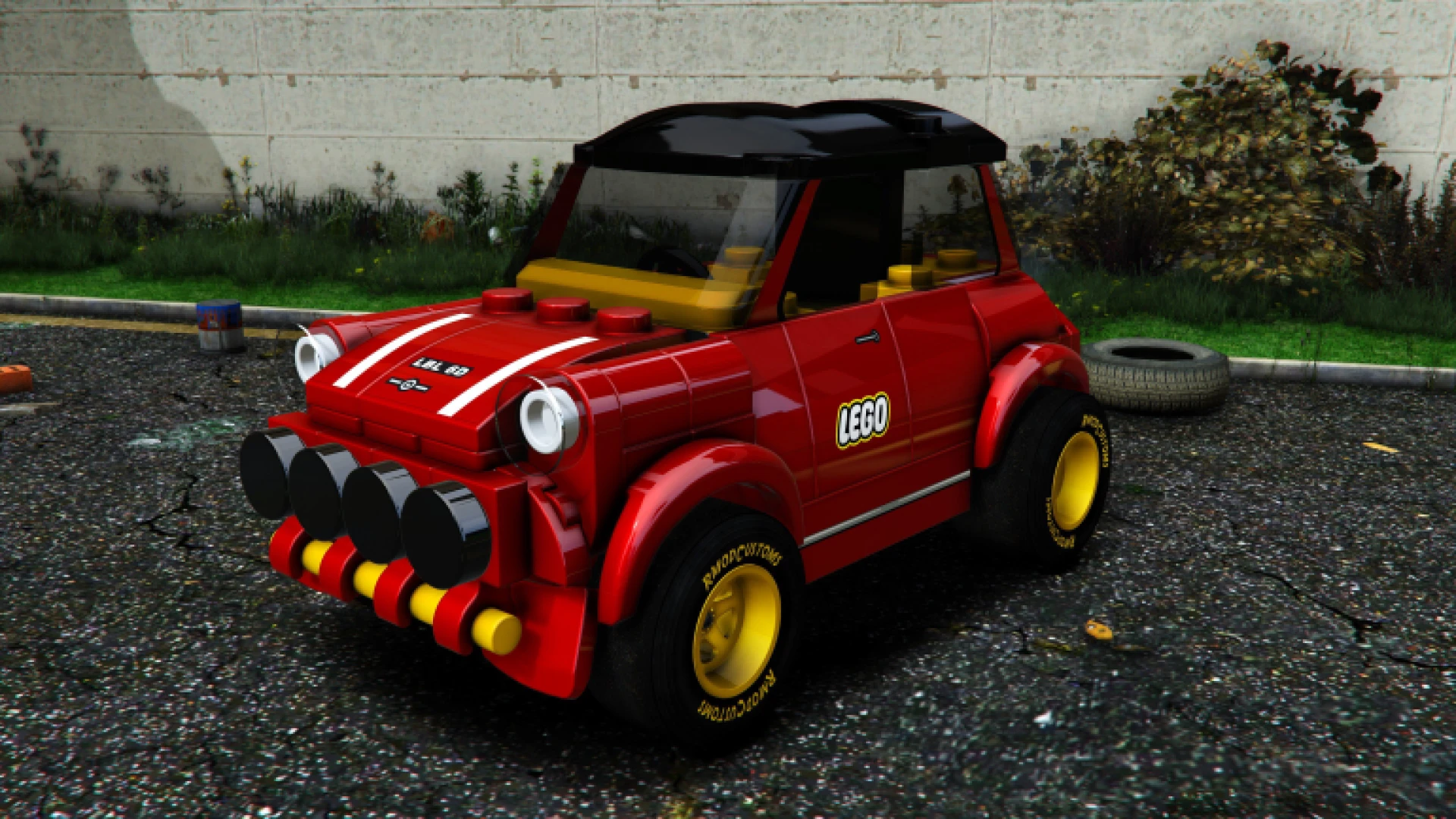 Lego style car parked in a FiveM roleplay city