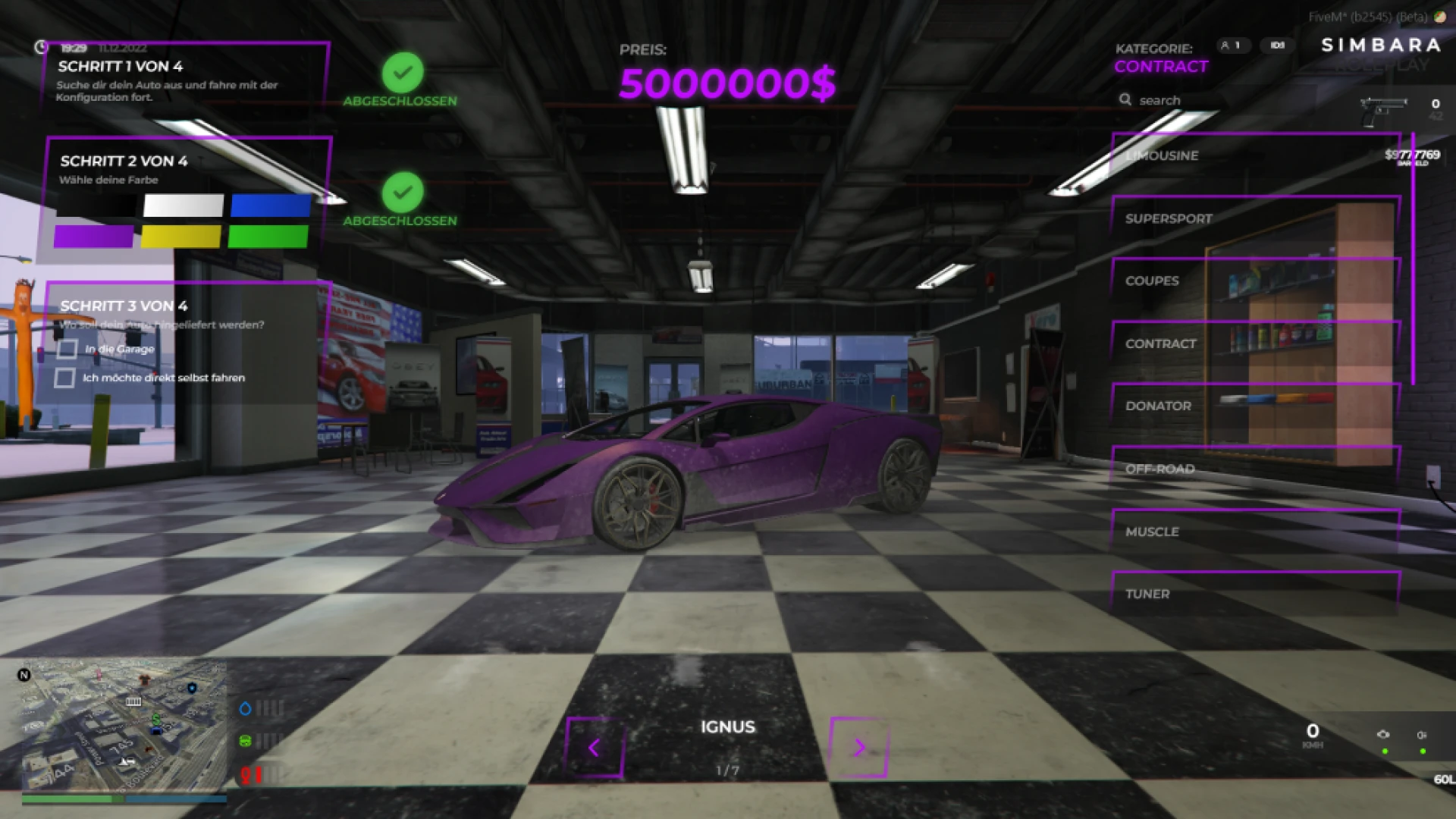 LifeV Vehicle Shop showroom previewing a car for purchase in FiveM