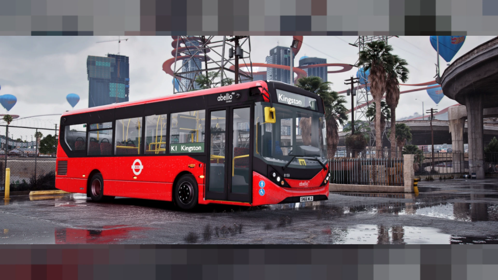 Red London bus double-decker driving through a FiveM city center