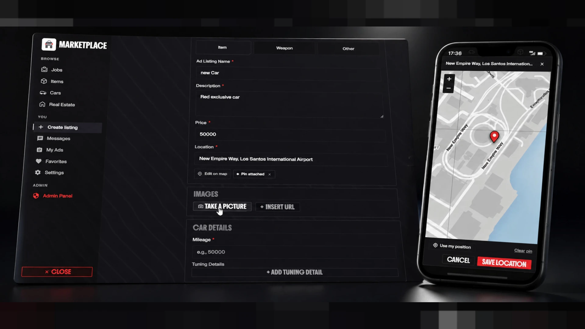 Marketplace script listing page where a FiveM player sells items to others