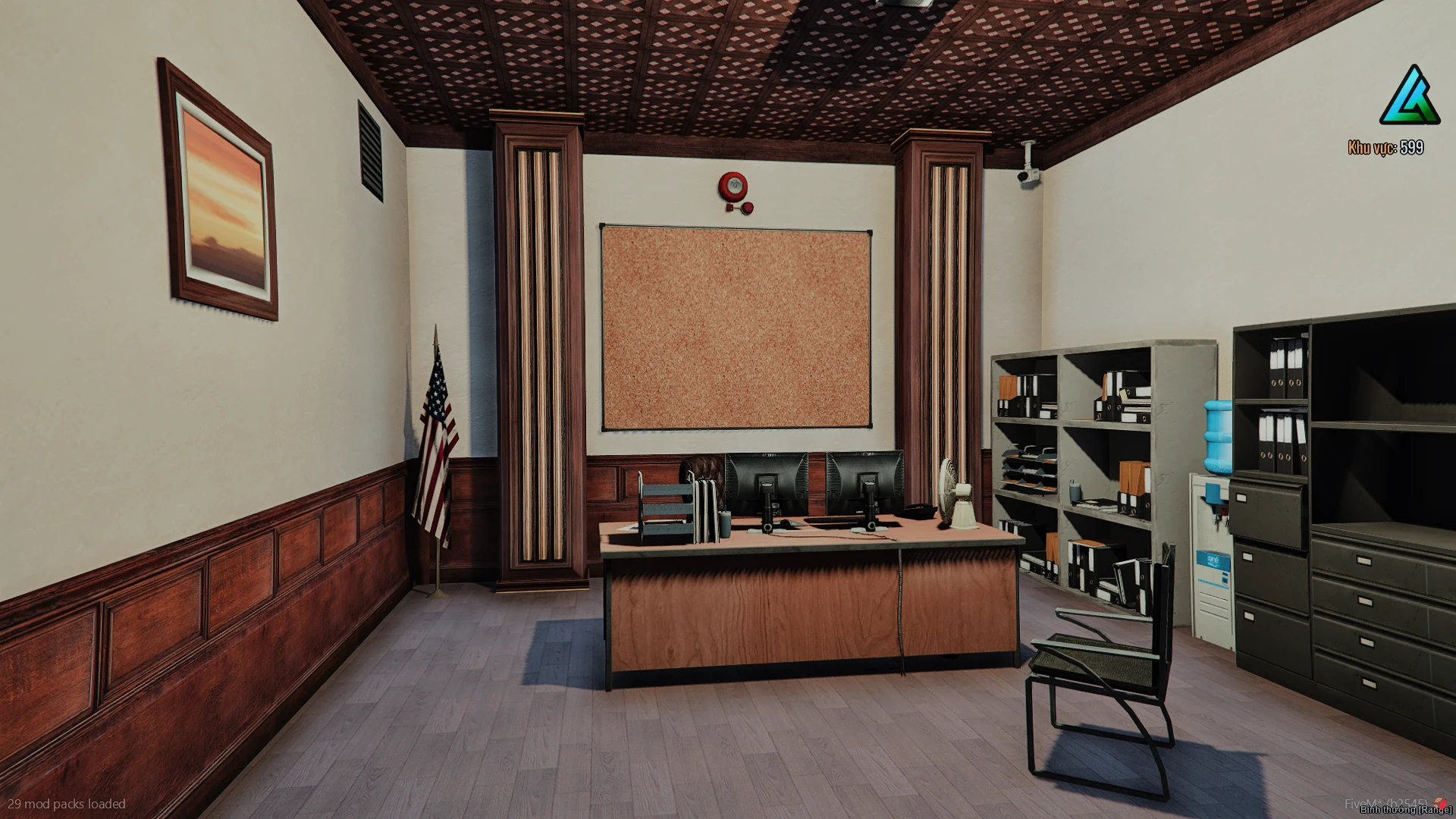 Detective bureau mlo office with desks and an evidence board