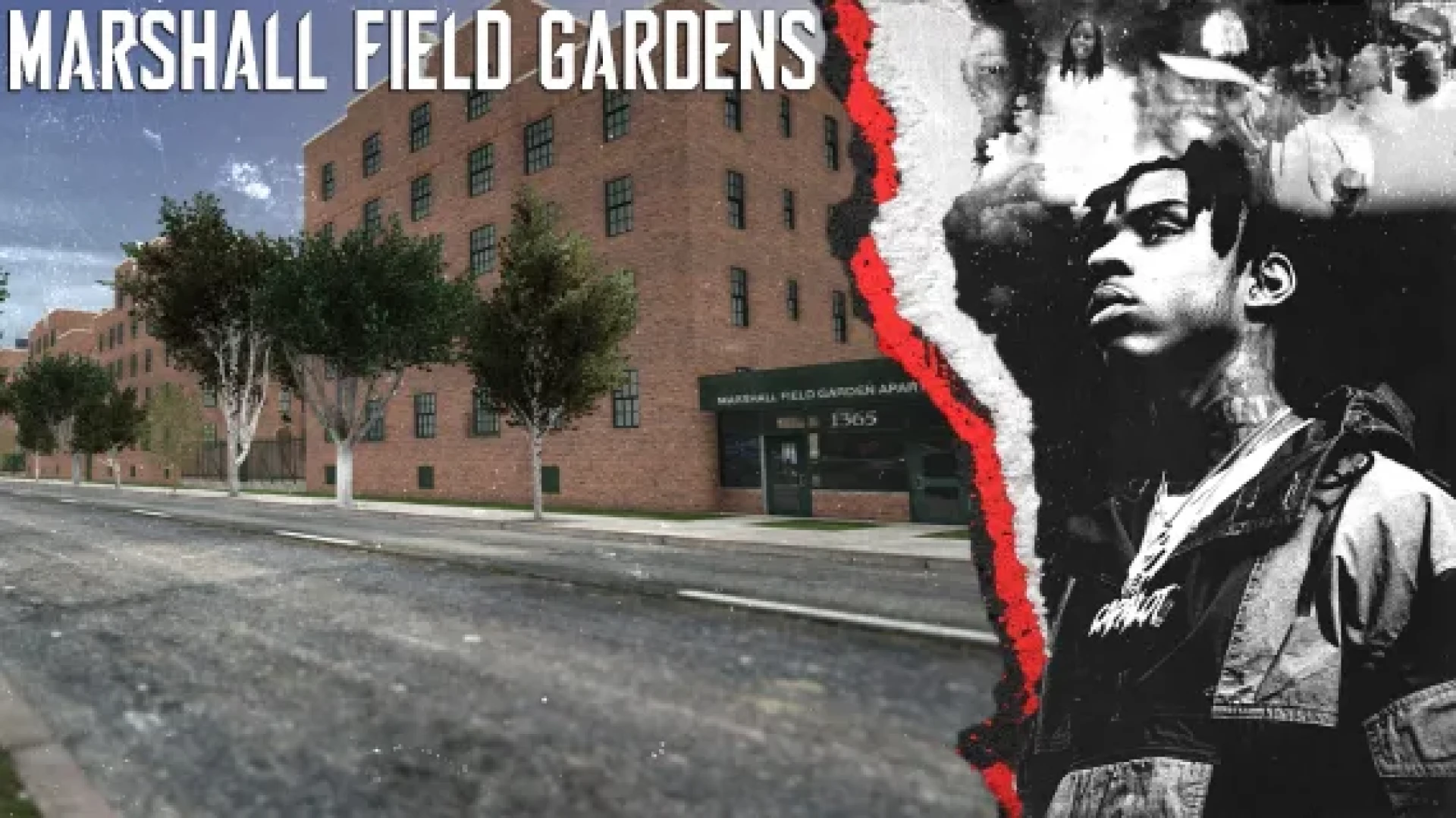 Marshall field gardens apartment complex with shared courtyard and stairwells