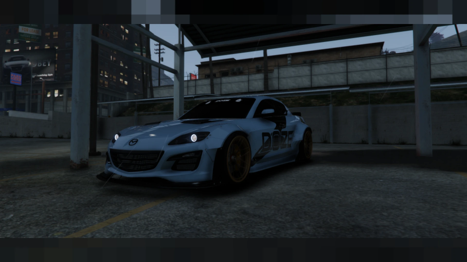Mazda RX8 FiveM add-on drift car sliding through a city corner