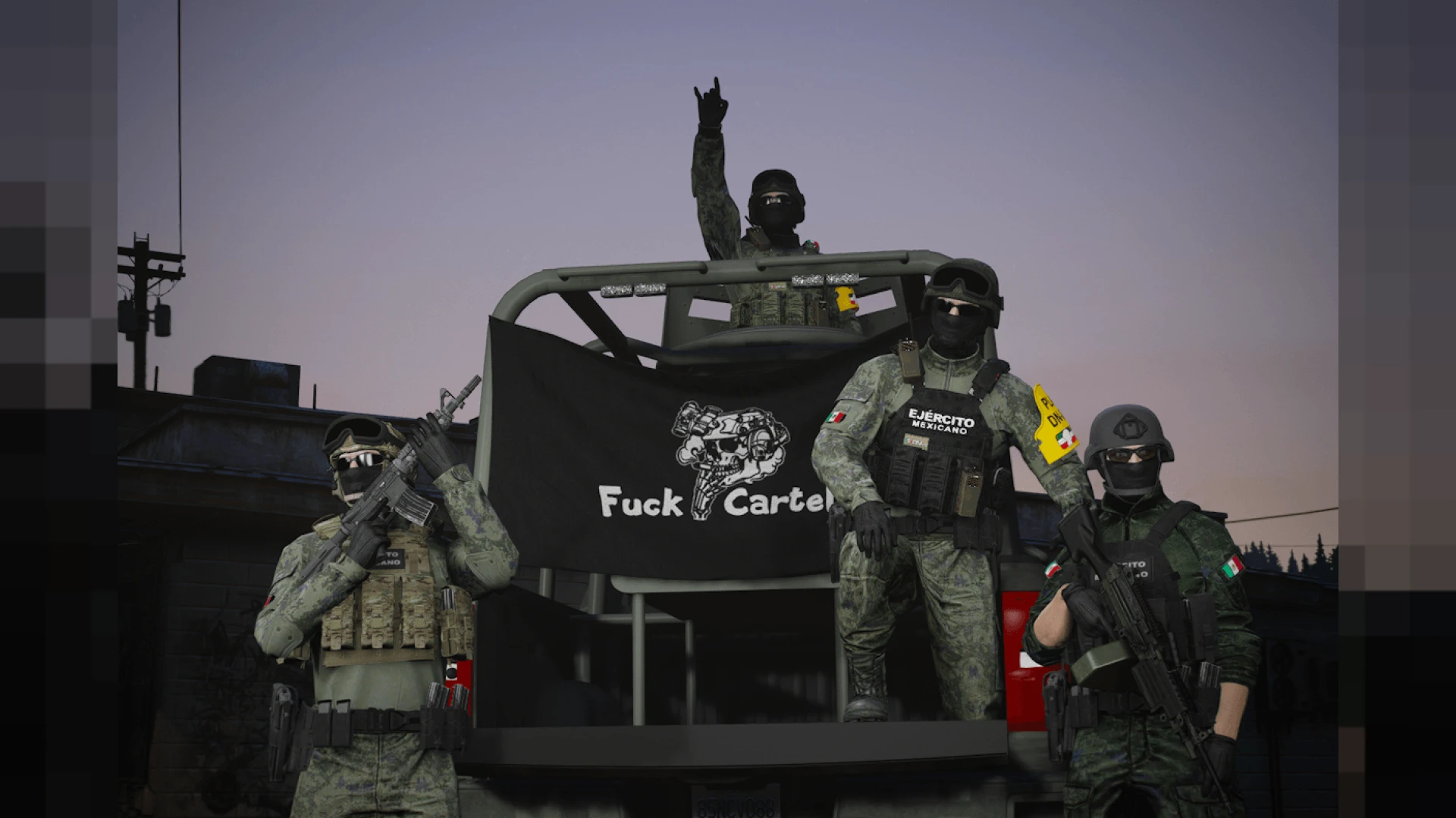 Mexican special forces flags props mounted at a tactical base checkpoint