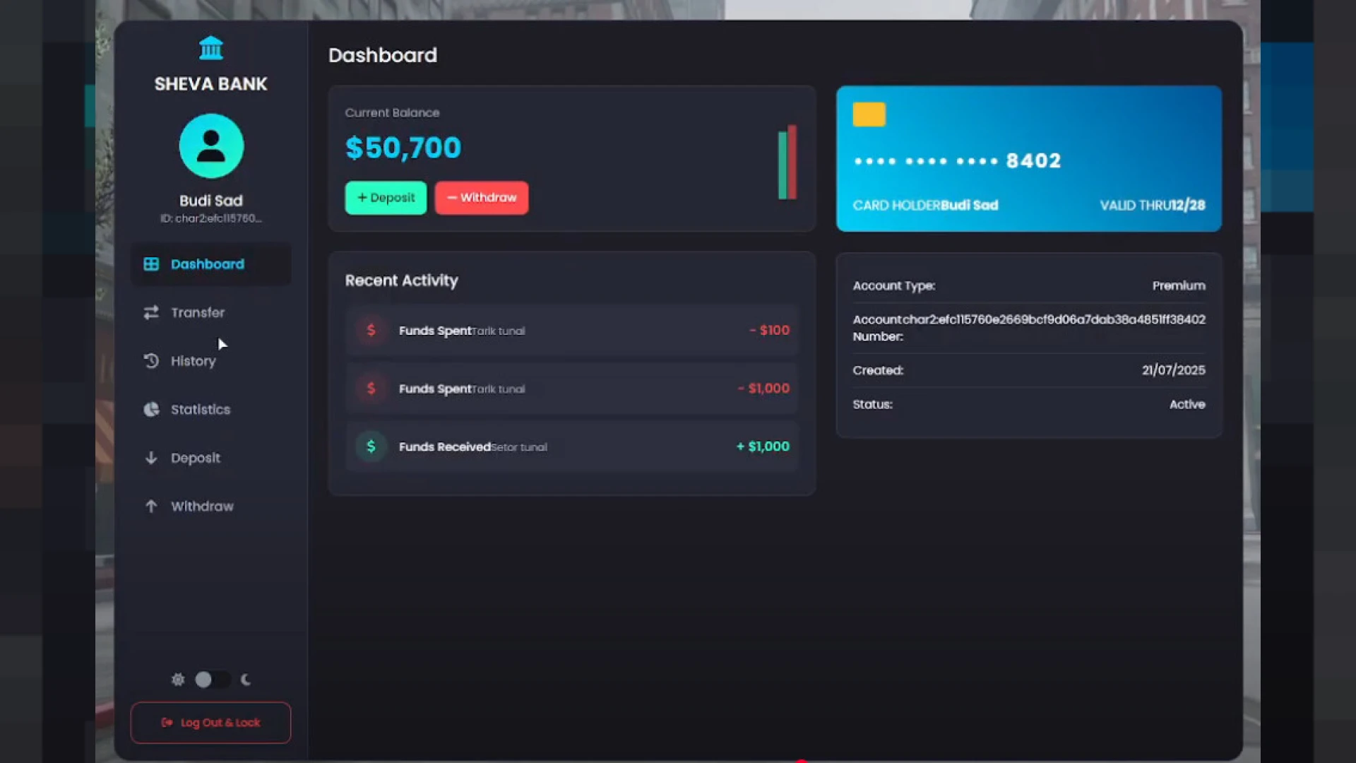 Modern bank script interface open in a FiveM server
