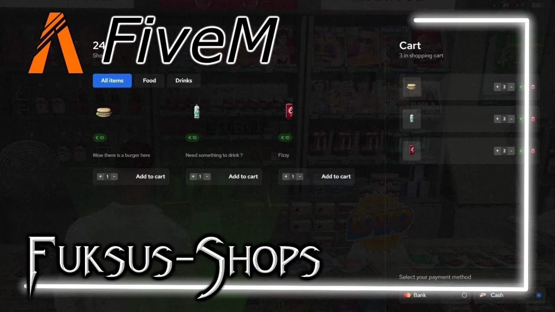 Modern shop system cart interface in a FiveM 24/7 store — view 2