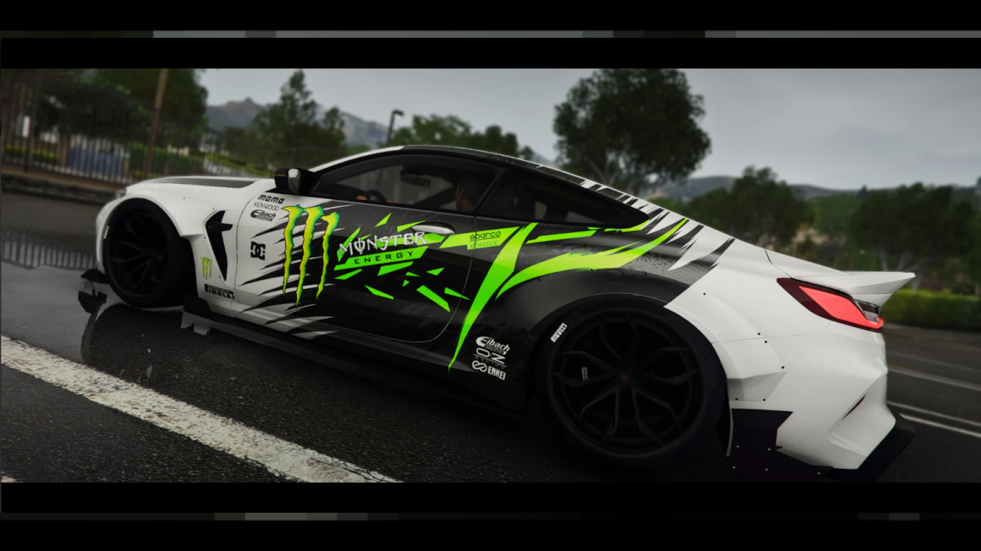 Monster Energy Livery applied to a BMW M8 Competition in FiveM