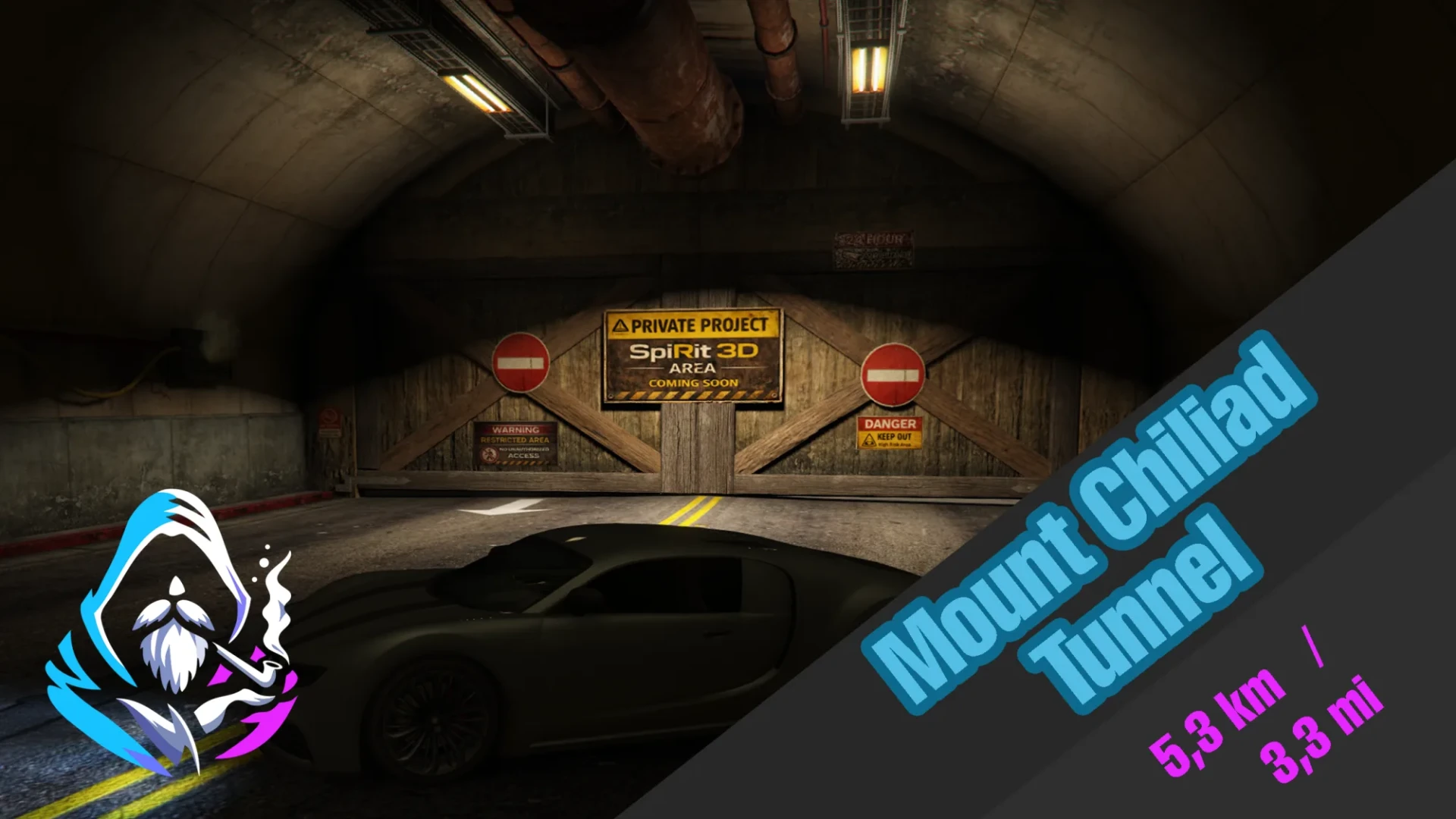 Mount chiliad tunnel bore with lit walls and road markings
