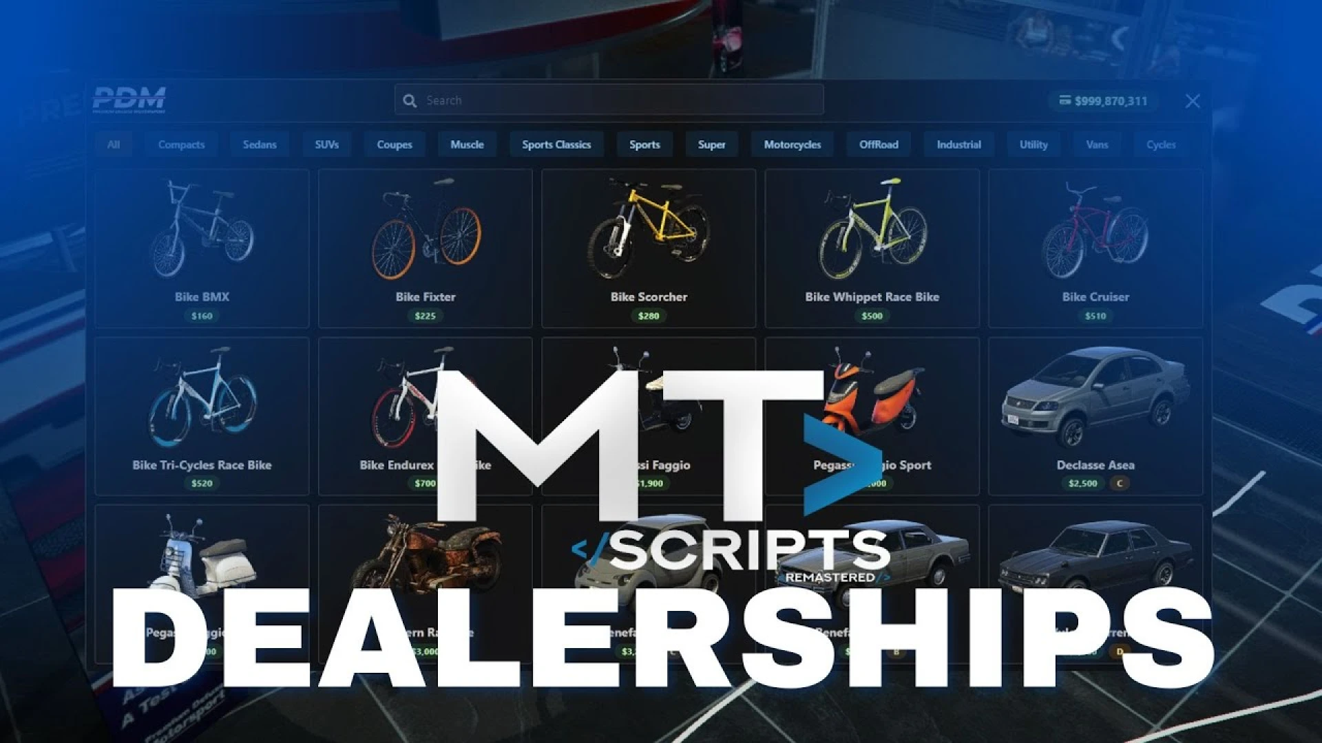 MT car dealership script showroom interface in a FiveM server