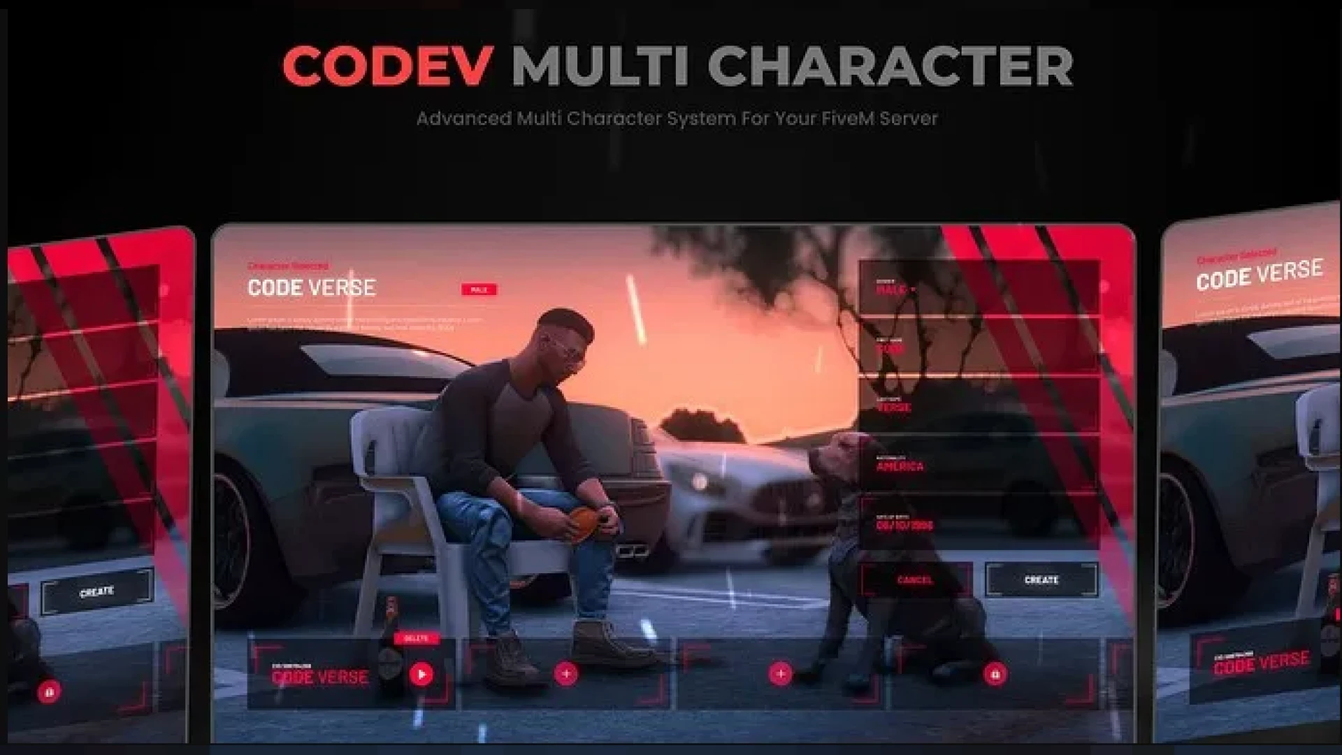 Multichar V20 FiveM multichar screen — animated character selection interface