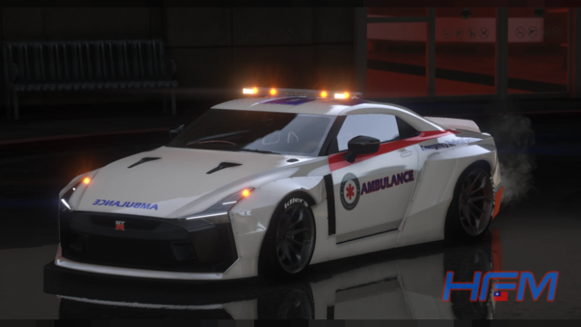 Nissan GTR ambulance FiveM EMS vehicle responding with lights on