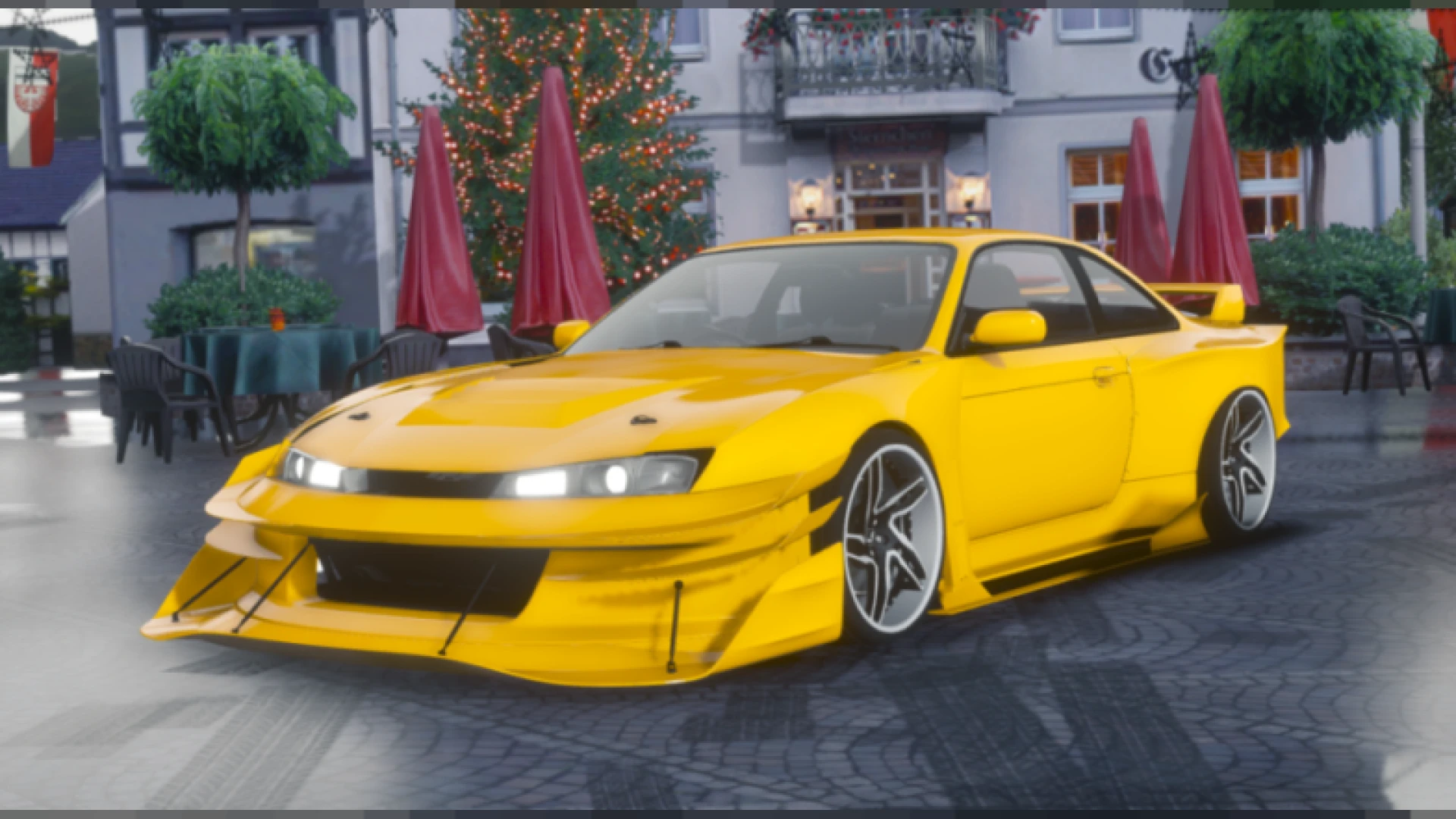 Nissan Silvia S15 widebody drift car in a FiveM industrial lot