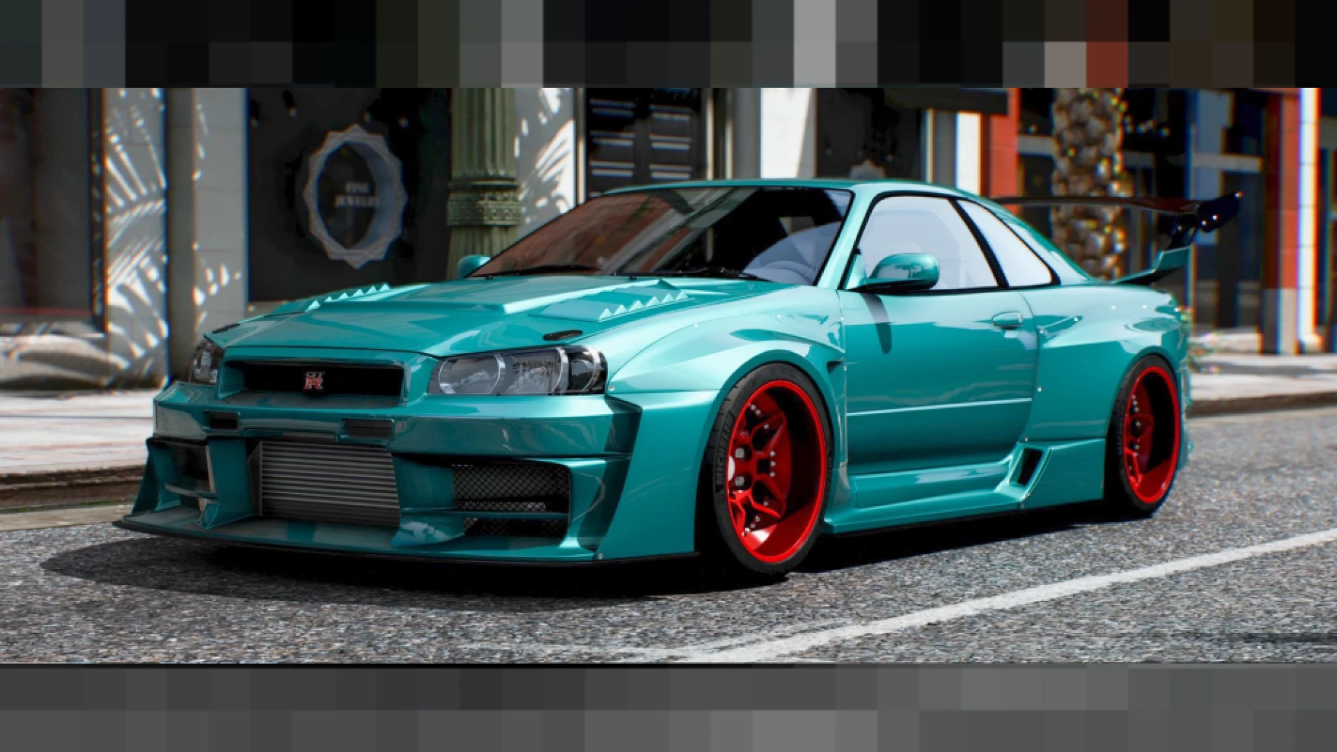 Nissan Skyline R34 FiveM tuner car front three-quarter view