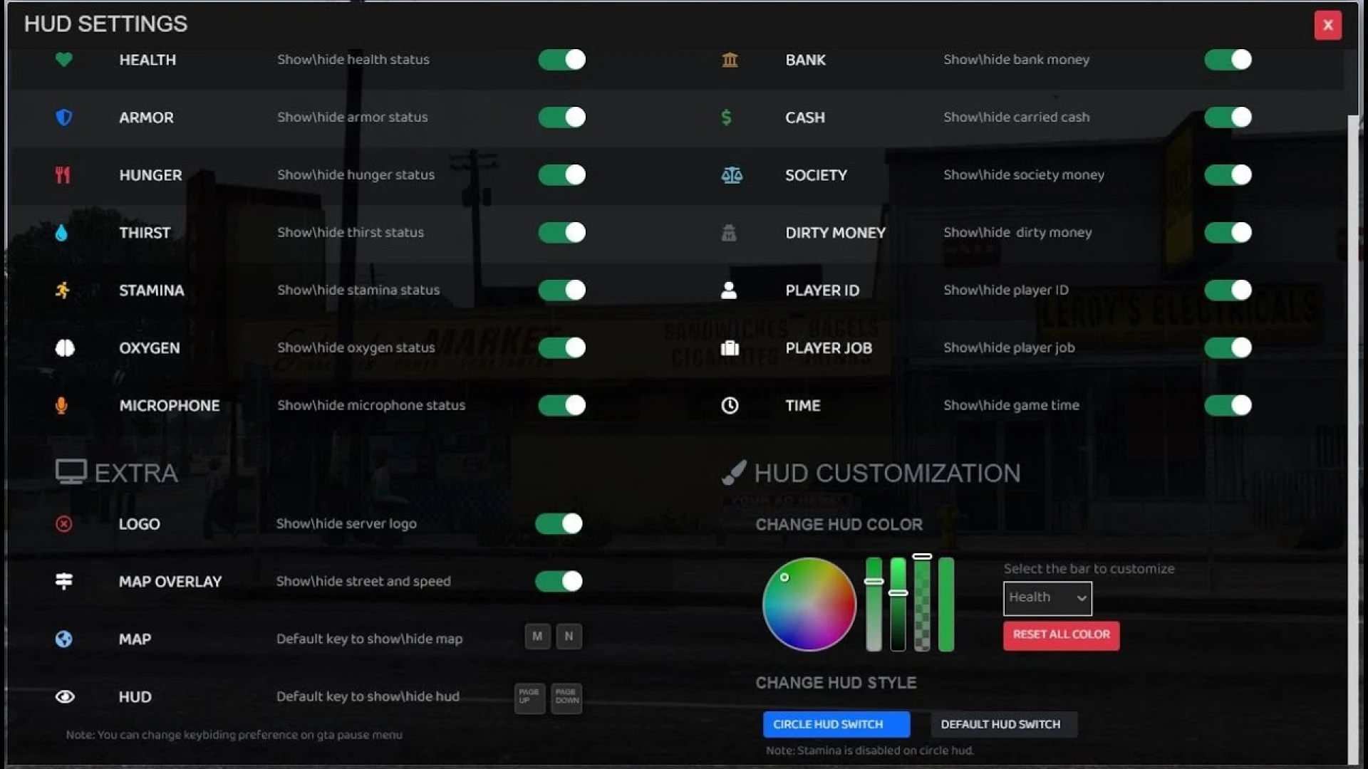 OC HUD minimal status bars and vehicle info in a FiveM server