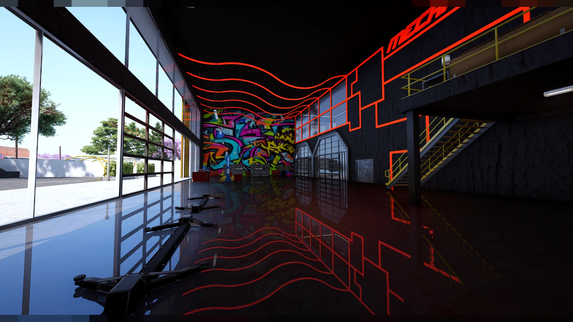 Repair bays with vehicle lifts inside the paleto mechanic mlo