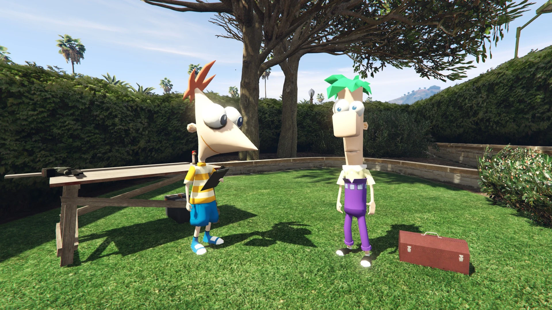 Phineas and Ferb peds cartoon characters standing in a FiveM city street