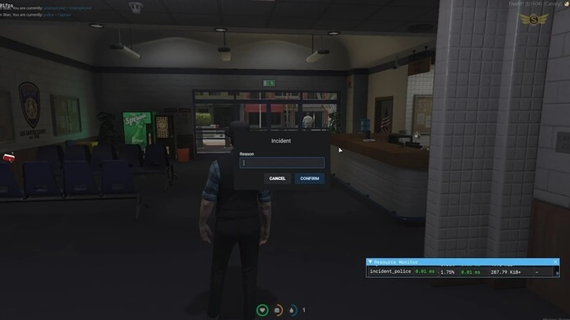 Police incident report menu open at a FiveM police station desk