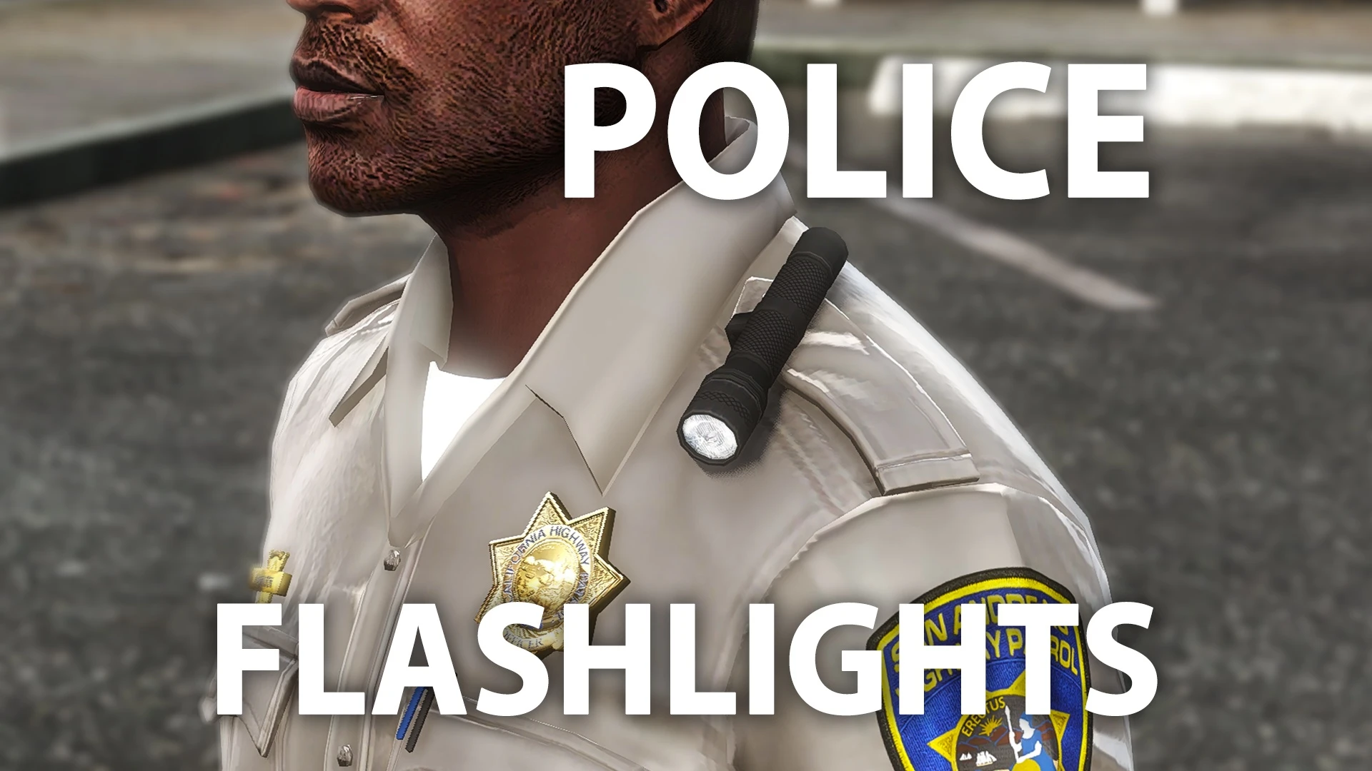 Police shoulder flashlights glowing on a FiveM officer uniform