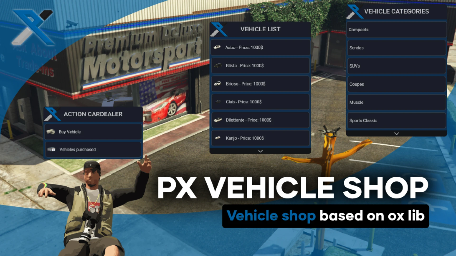 Vehicle shop dealership UI in FiveM showing a car for purchase
