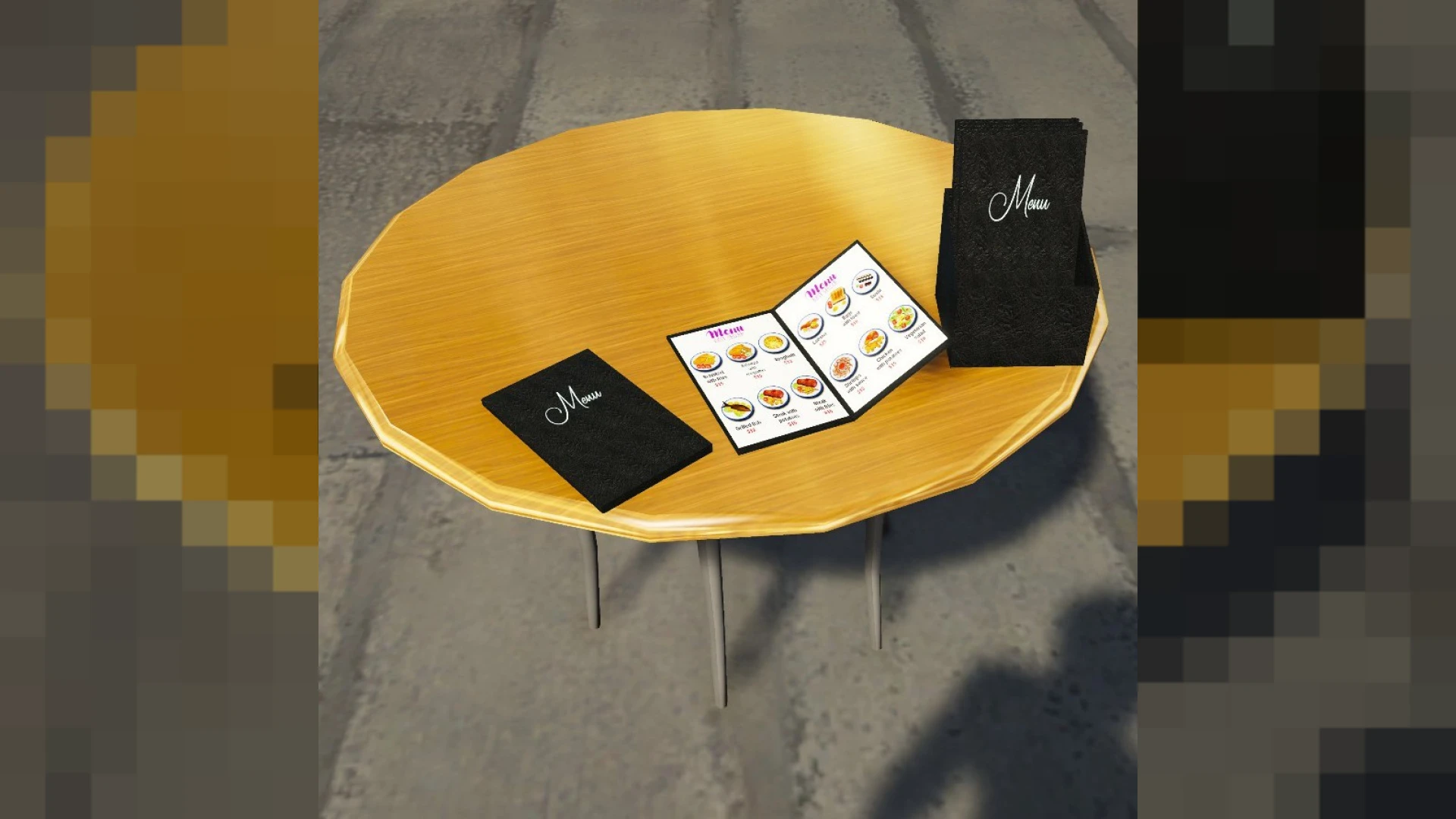 Restaurant menu props laid on a dining table and a service counter