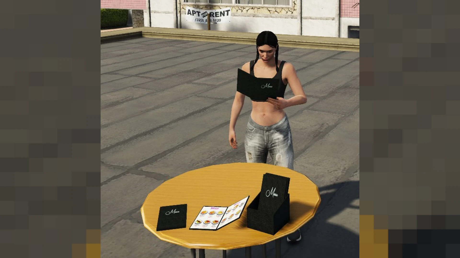 Restaurant menu props laid on a dining table and a service counter — view 2