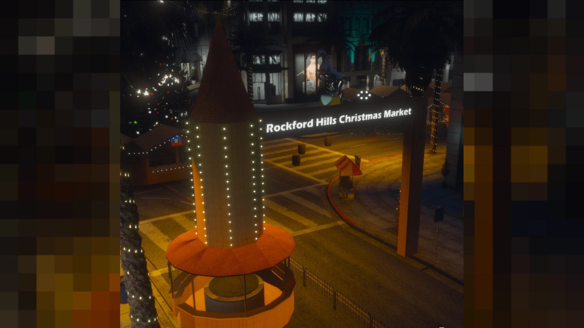 Rockford Hills Christmas Market stalls and stage lit for the holidays in FiveM