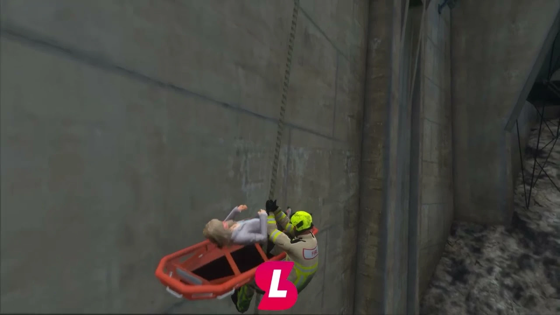Rope rescue system tripod and basket lifting a player in FiveM — view 2