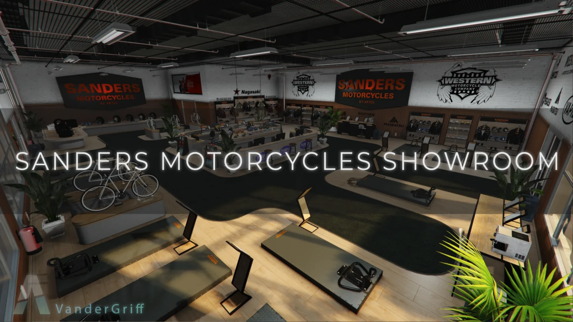 Motorcycle showroom with display floor, service desk, and sales offices