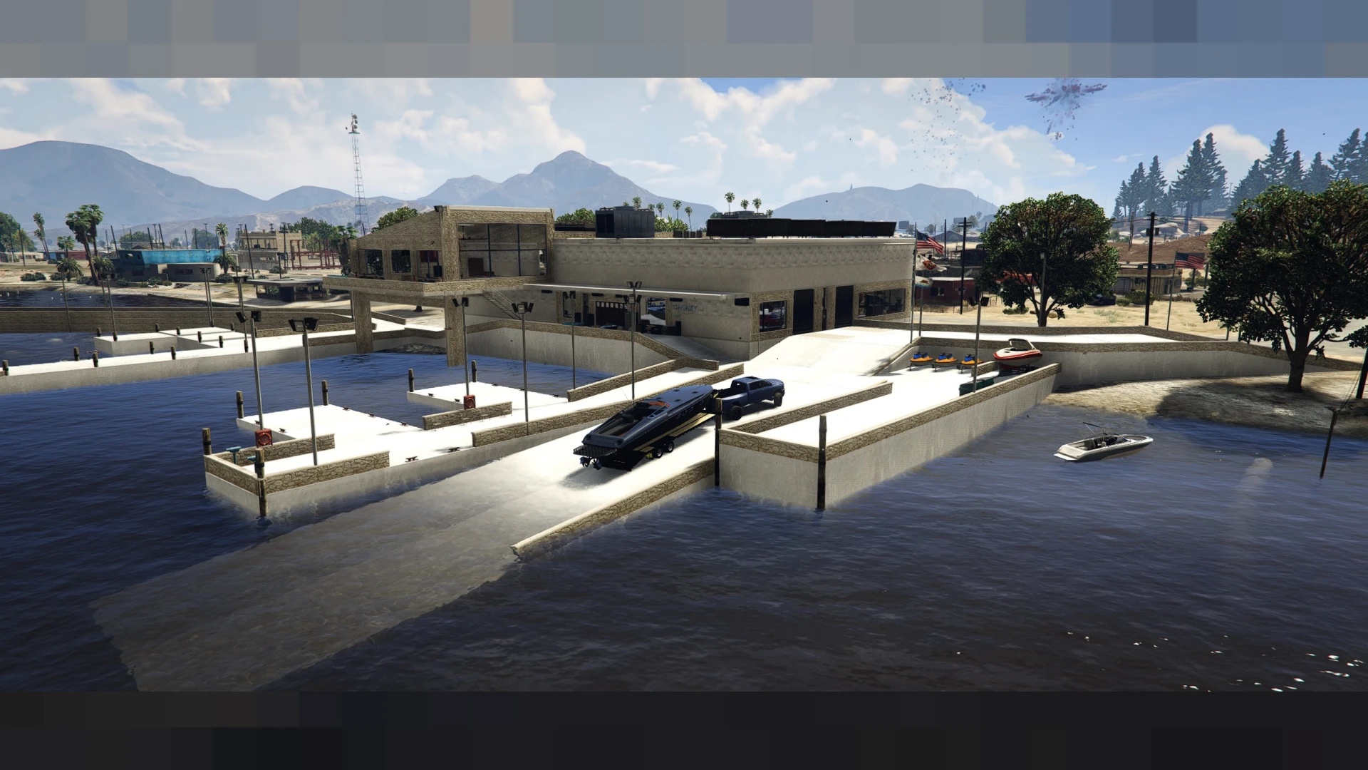 Sandy shores mansion on Marina Drive with pool, deck, and waterfront view