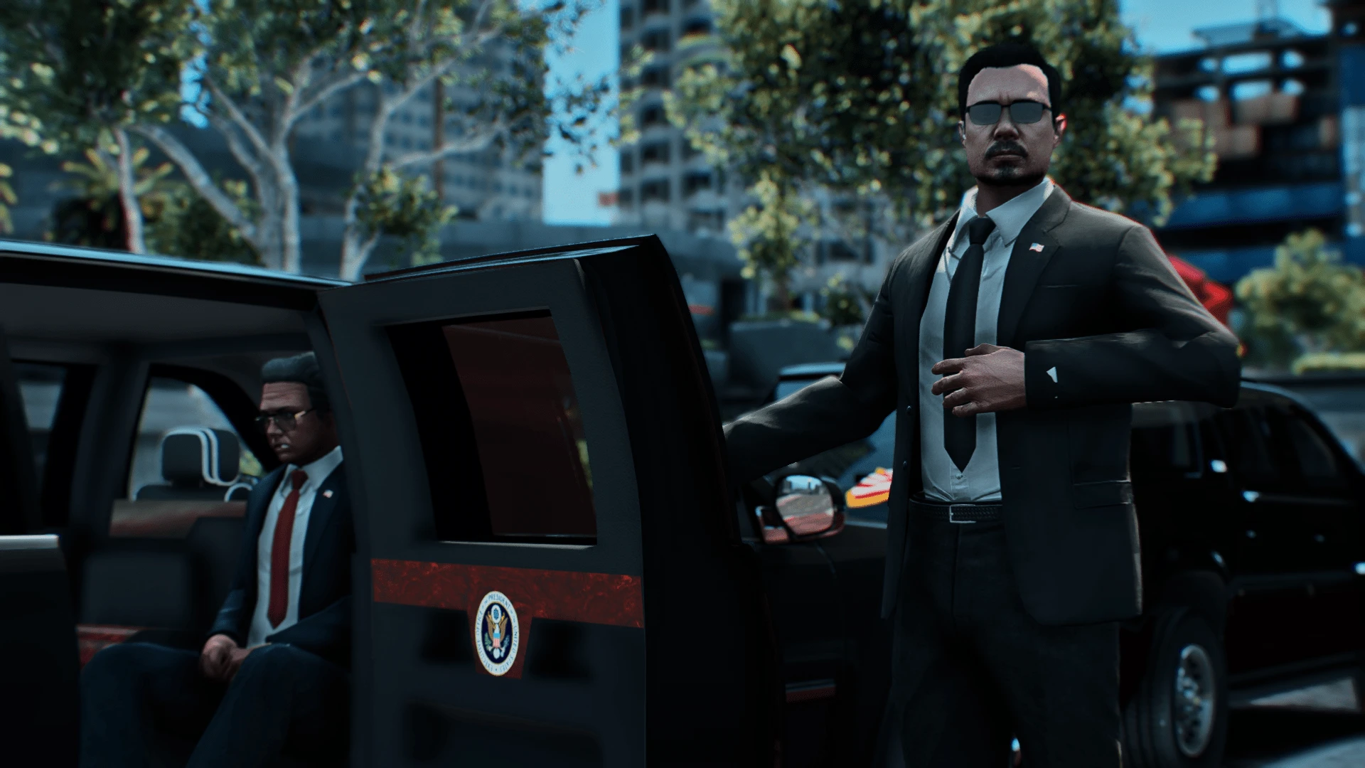 Secret service poses on a suited bodyguard character in FiveM