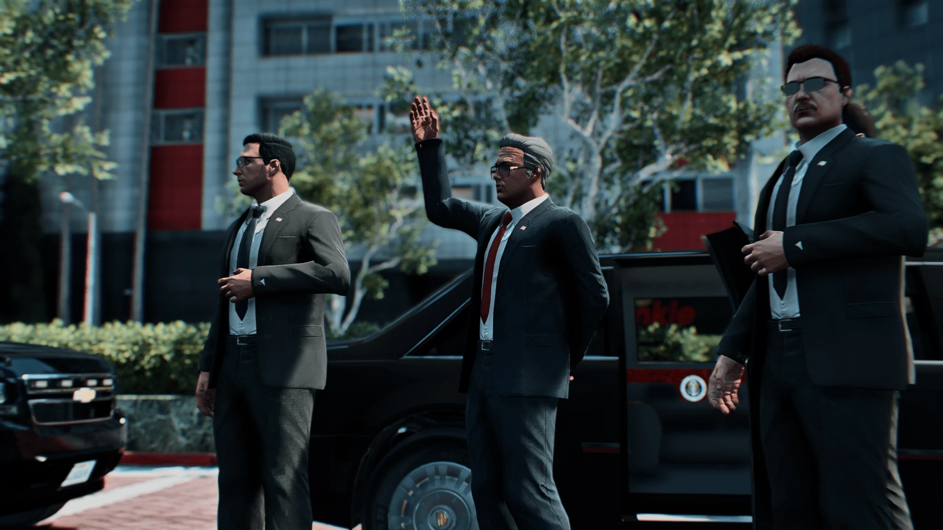 Secret service poses on a suited bodyguard character in FiveM — view 2
