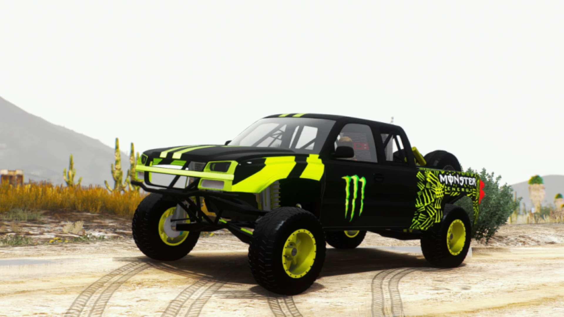 Silverado Prerunner FiveM off-road truck kicking up dirt on a desert trail
